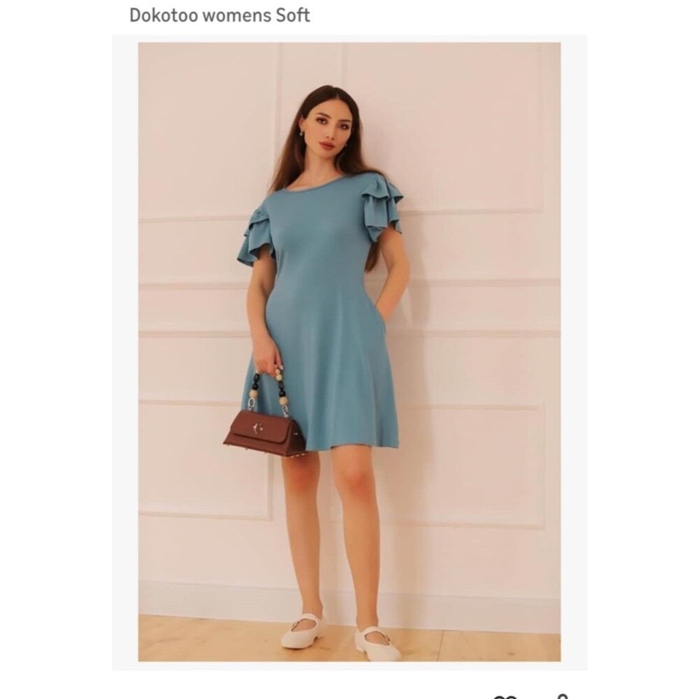 DOKOTOO Womens A-Line Cocktail Dress Blue size XL Midi Short Sleeve - Picture 2 of 6